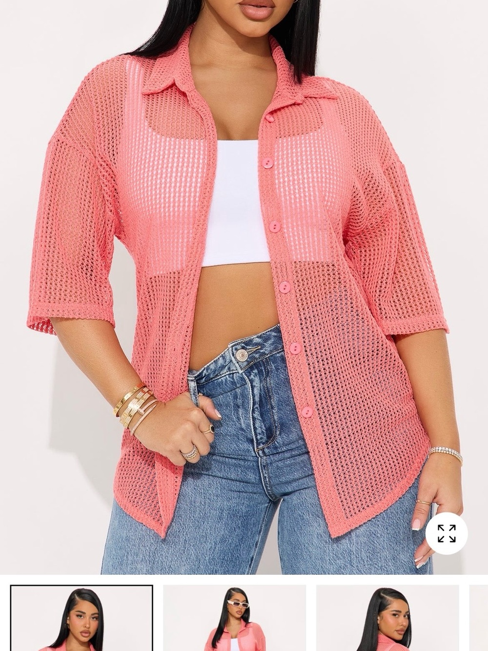 Fashion Nova Coral Pink Crochet Button-Up Cardigan